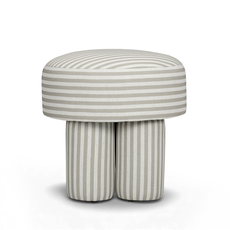 Gray and cream striped accent stool with round cushioned top and two padded legs.