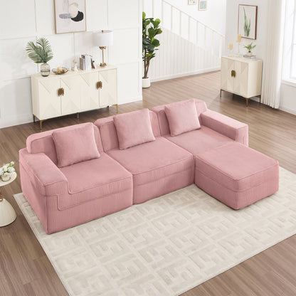 3-Seater Modular L-Shaped Corduroy Sectional Sofa - Pink Corduroy