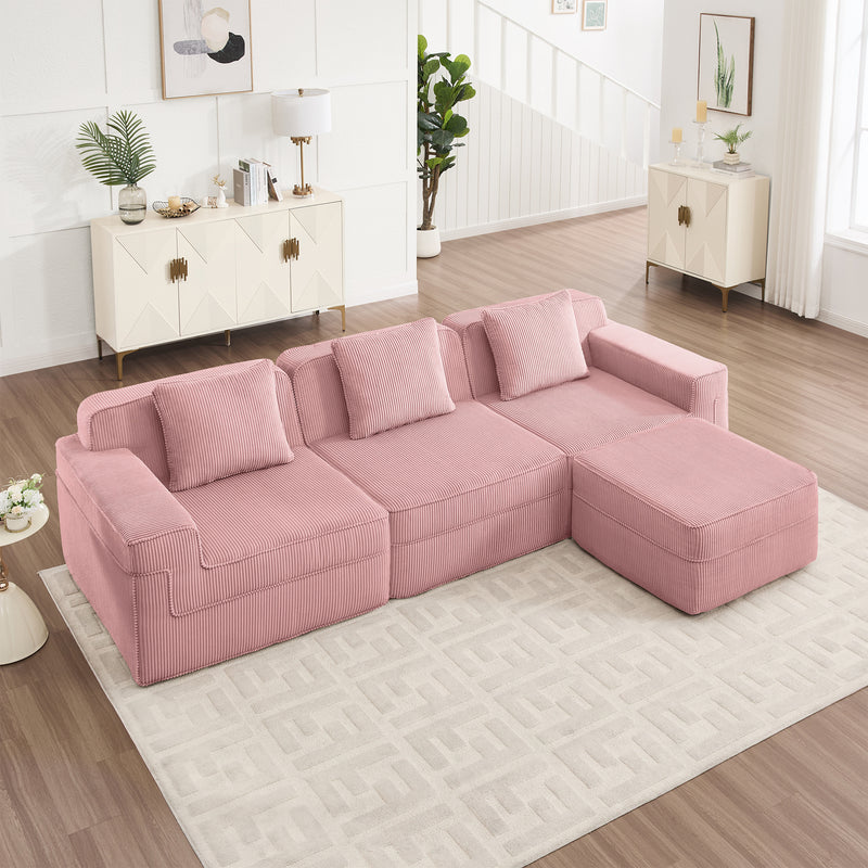 3-Seater Modular L-Shaped Corduroy Sectional Sofa - Pink Corduroy