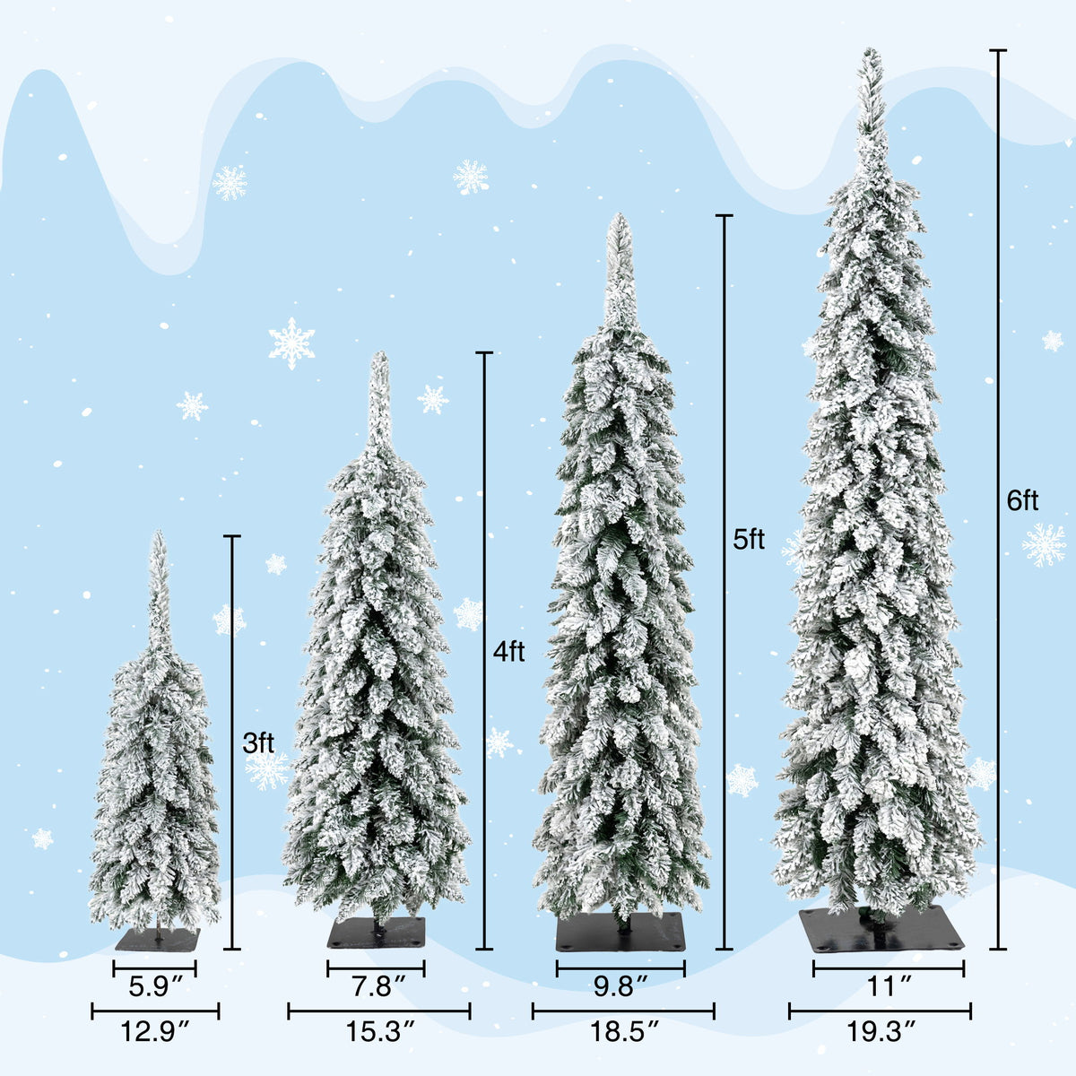 Four snow-tipped pencil Christmas trees shown with height and base measurements