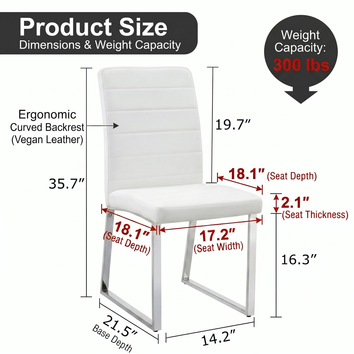 White dining chair size diagram with seat and back measurements, weight capacity callout