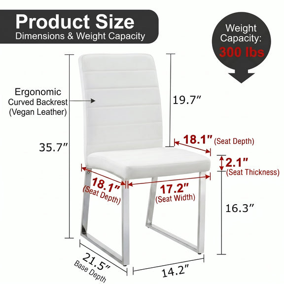 White dining chair size diagram with seat and back measurements, weight capacity callout