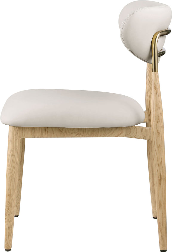 Light neutral upholstered dining side chair close-up with light wood legs