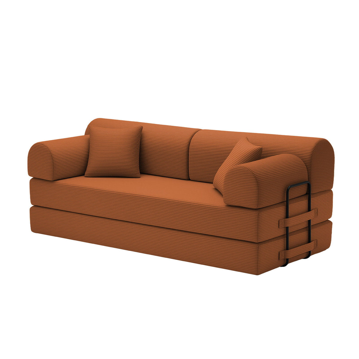 Orange convertible sleeper sofa bed with padded armrests and curved backrest.