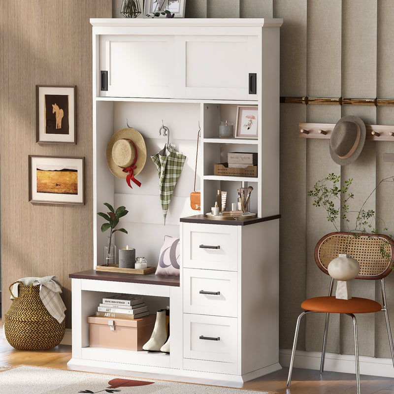 Hall Tree with Bench 3-Shelf Walnut 40.2-inch