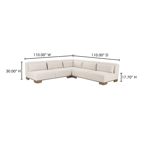 Corner sectional sofa in oatmeal fabric with padded back cushions and wooden feet