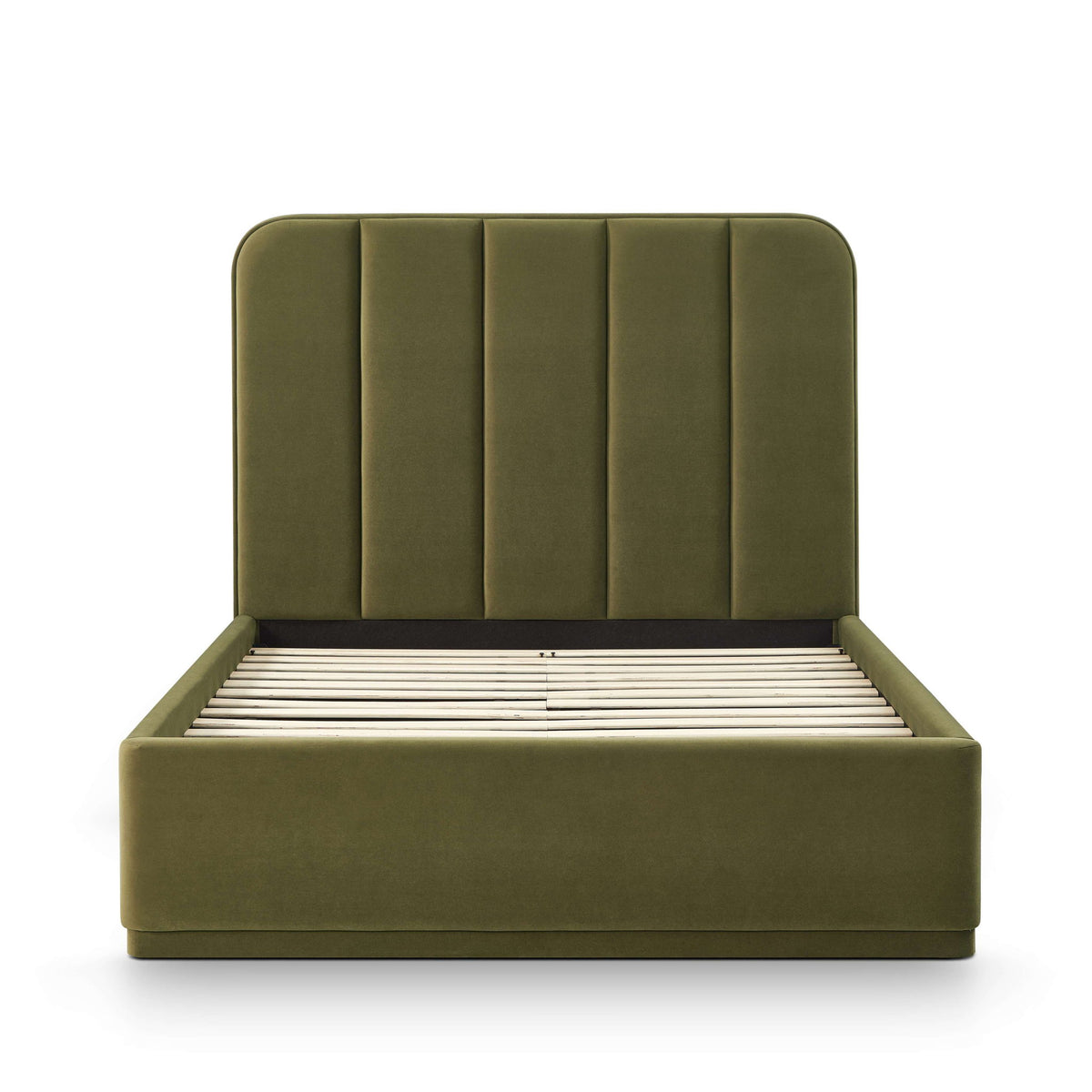 Dark green performance velvet bed with vertical channel headboard and slatted base