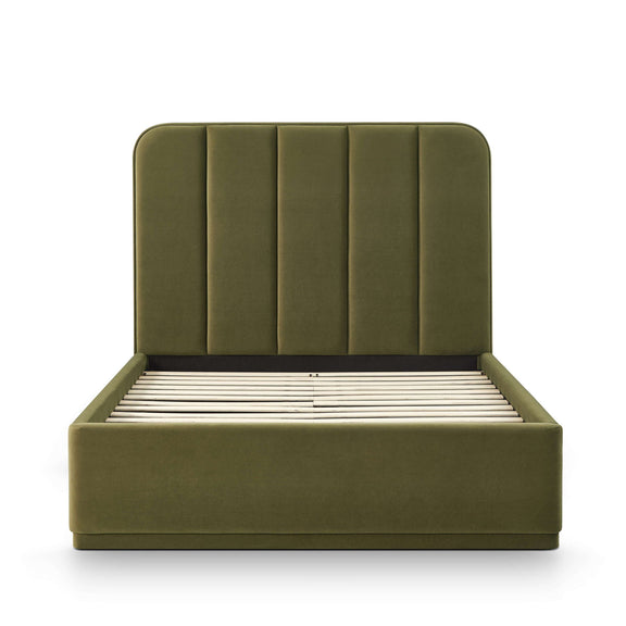 Dark green performance velvet bed with vertical channel headboard and slatted base