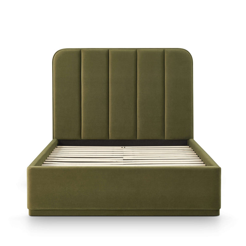Dark green performance velvet bed with vertical channel headboard and slatted base