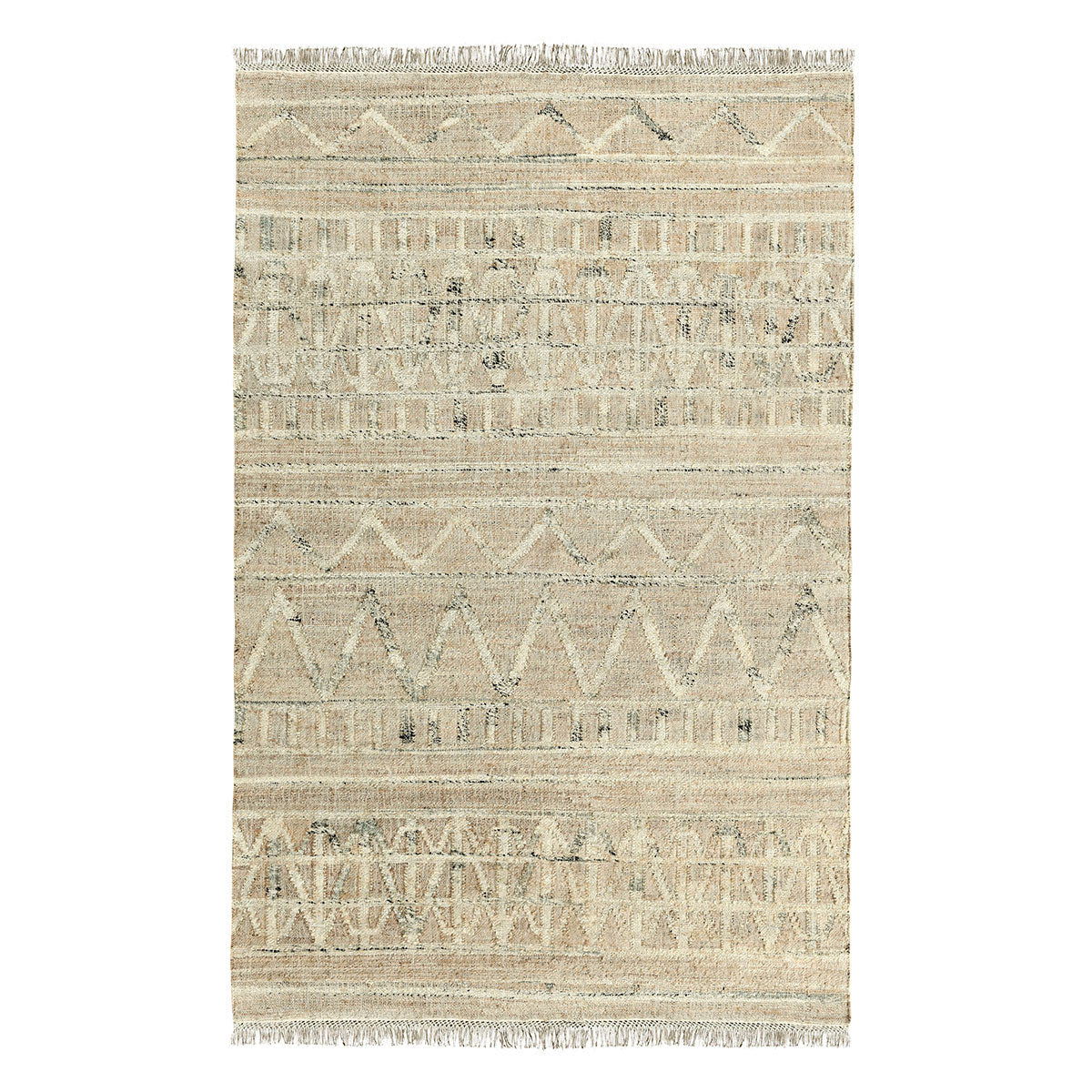 Distressed rug in cream and light blue with geometric stripes and fringe