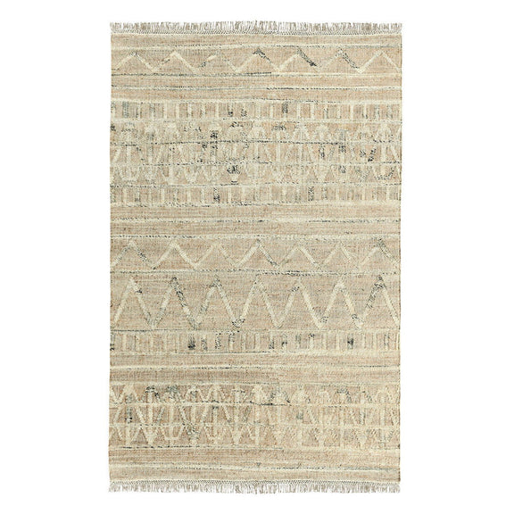 Distressed rug in cream and light blue with geometric stripes and fringe