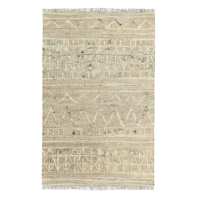 Distressed rug in cream and light blue with geometric stripes and fringe