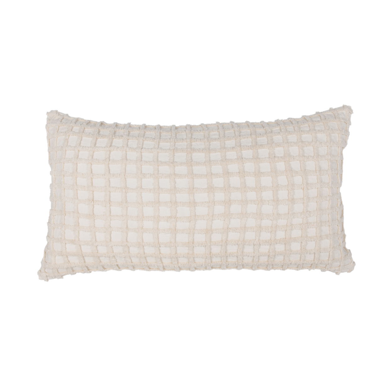 Ivory rectangular throw pillow with woven grid pattern and textured, ruffled edge