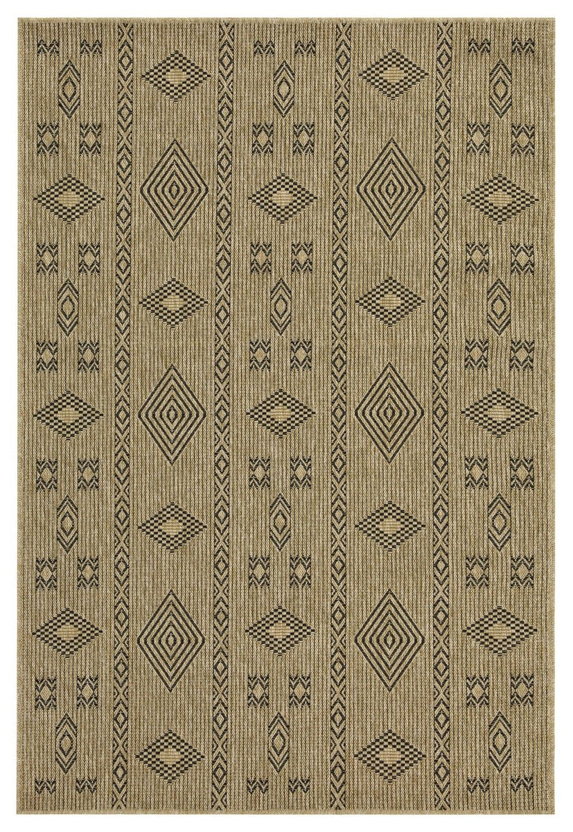 Jute area rug with vertical geometric panels and diamond motifs, beige with black trim