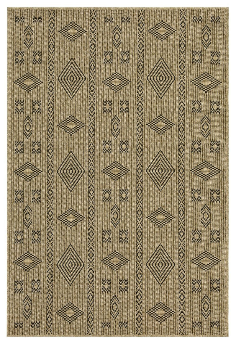 Jute area rug with vertical geometric panels and diamond motifs, beige with black trim