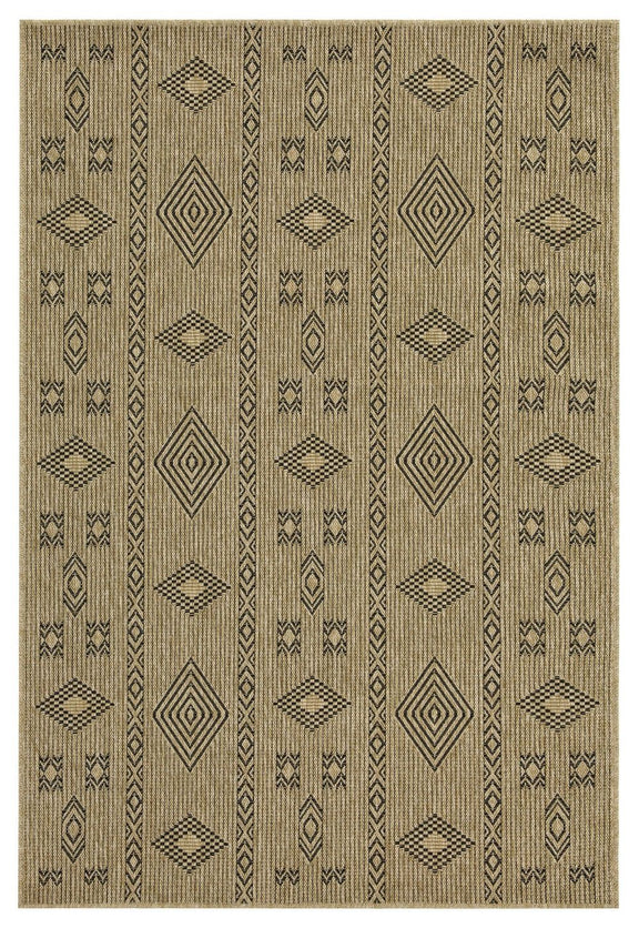 Natural and black area rug with vertical lattice and diamond medallion geometric pattern