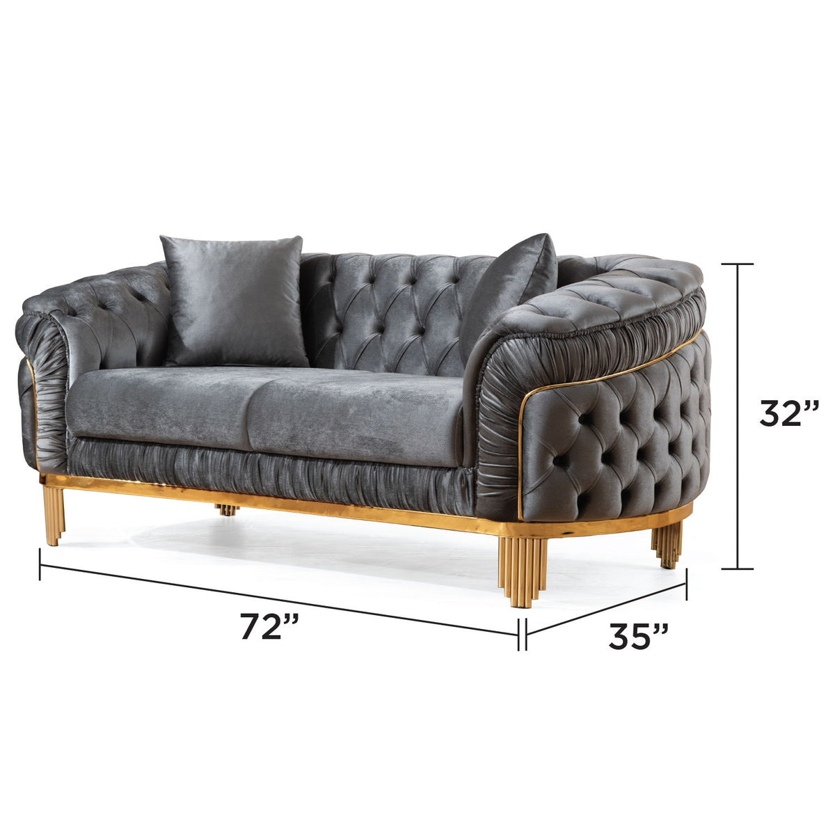 Gray tufted sofa, 72 in wide, 32 in high; gold legs and accent trim