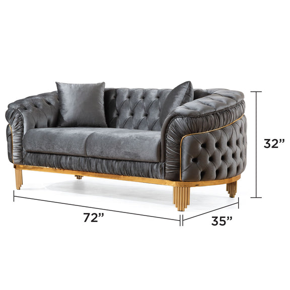 Gray tufted sofa, 72 in wide, 32 in high; gold legs and accent trim