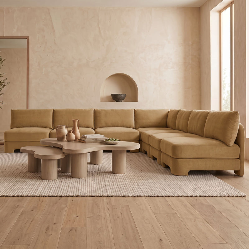 Beige armless velvet sectional sofa with chaise and ottoman-style seats, 7-piece set