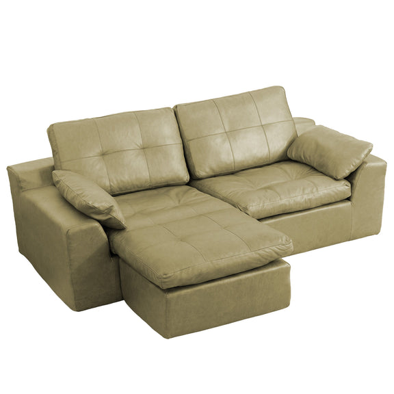 L-shaped 2-seater sofa with movable ottoman, light olive-green fabric cushions.