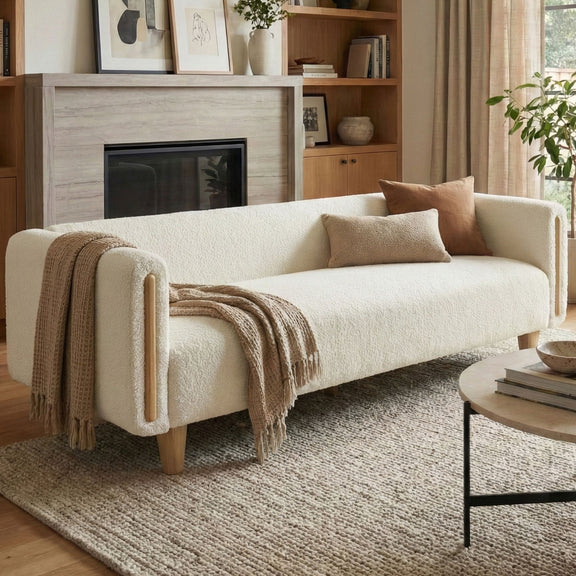 Beige 3-seater sofa with armrests with throw blanket, fabric upholstery and wooden legs
