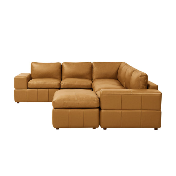 Light brown modular sectional sofa with square arms and attached ottoman units