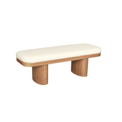 Upholstered straight bench with light beige cushion and warm wood legs