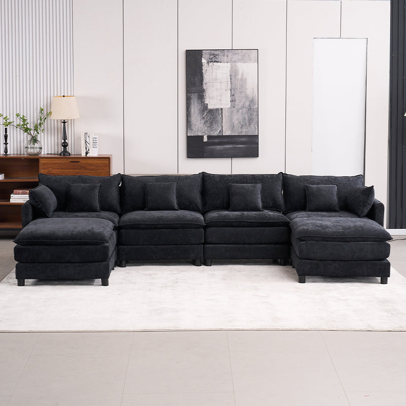 4-Piece Modern U-Shaped Chenille Sectional Sleeper Sofa - Black Chenille