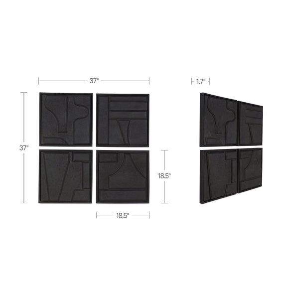 Set of 4 black square wall sculptures with abstract relief, shown with size dimensions