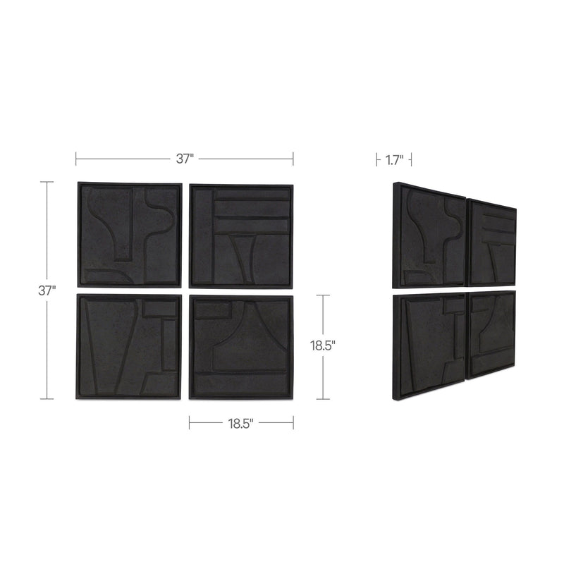 Set of 4 black square wall sculptures with abstract relief, shown with size dimensions