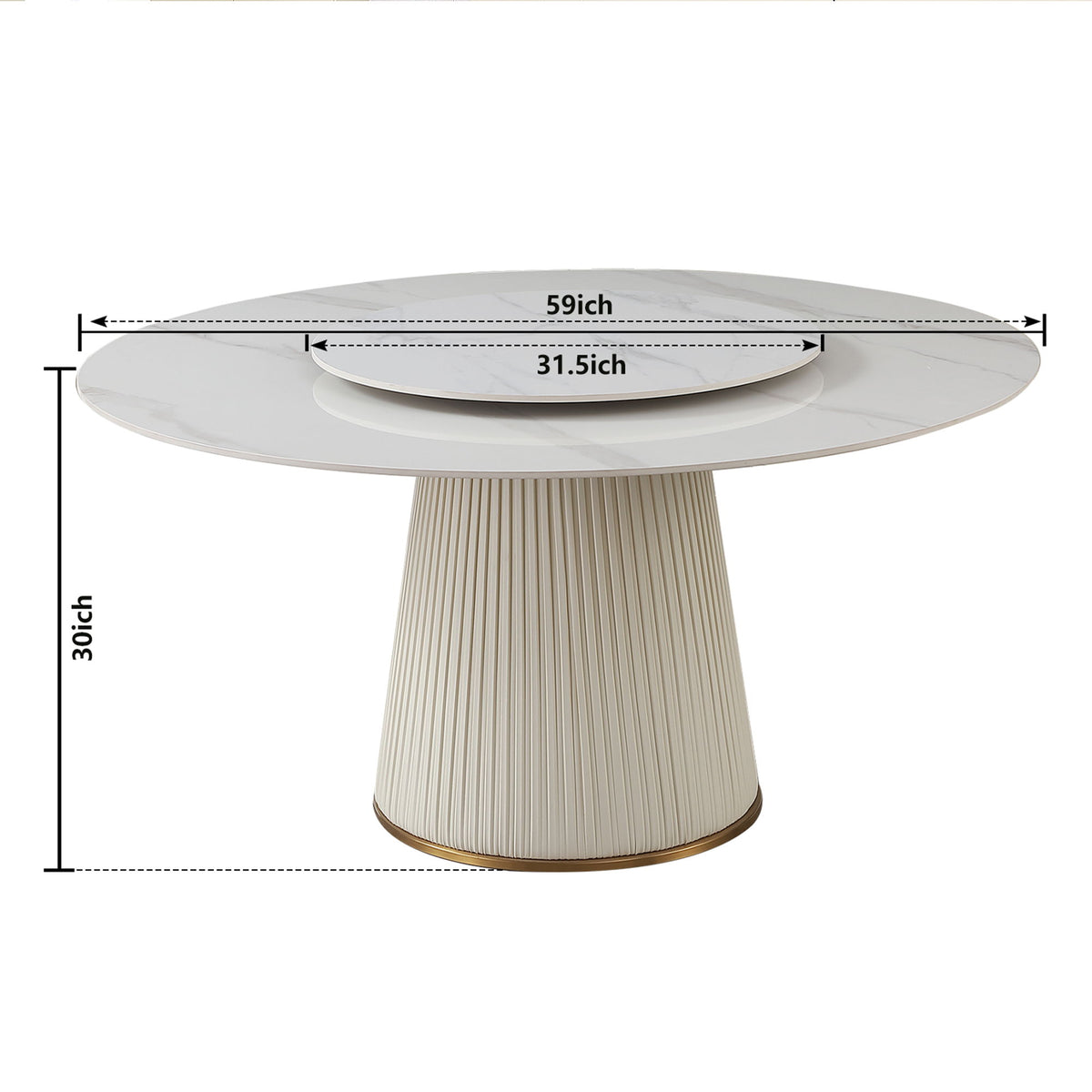 Modern Sintered Stone Dining Table With Round Turntable, Wood And Metal Pedestal, 8 Chairs - White