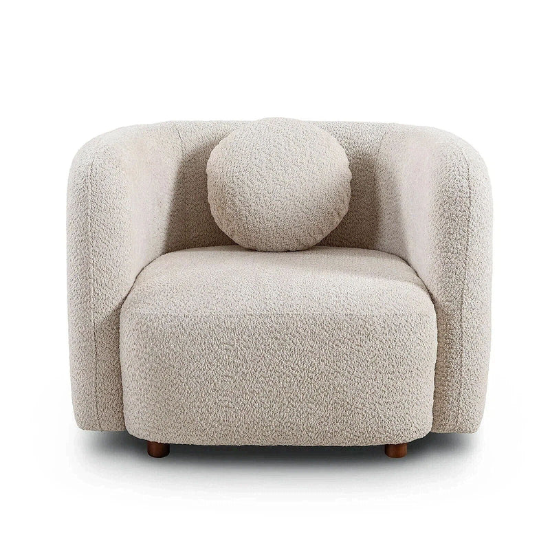 Beige upholstered accent square chair with rounded arms, thick seat, and wood legs.
