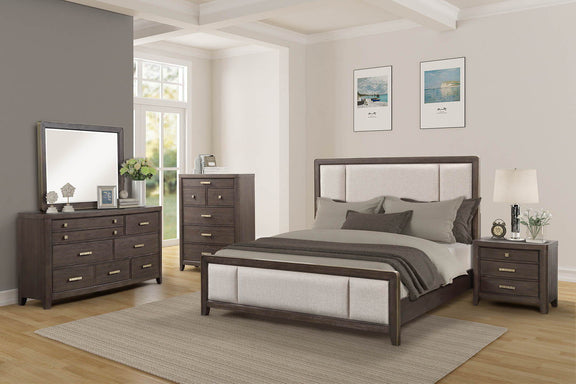 Antique brown 6-drawer dresser with metal bar handles, displayed in a bedroom