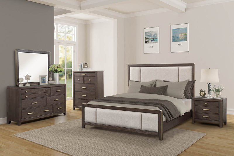 Antique brown 6-drawer dresser with metal bar handles, displayed in a bedroom
