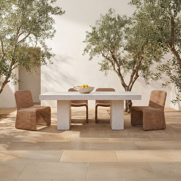 Natural woven outdoor dining chair set of 2 with arched arms and slatted seat