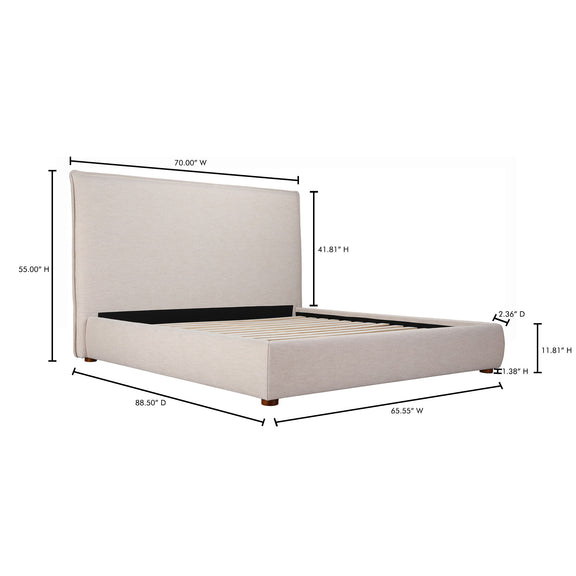 Queen bed frame with tall upholstered headboard and side view, light wheat fabric