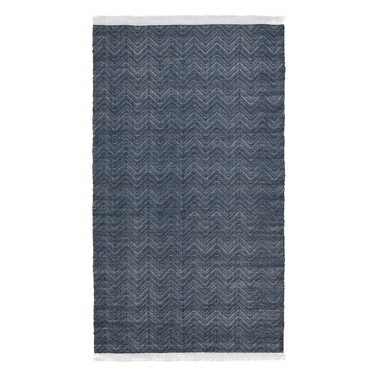 Navy chevron indoor/outdoor rug with light gray fringe