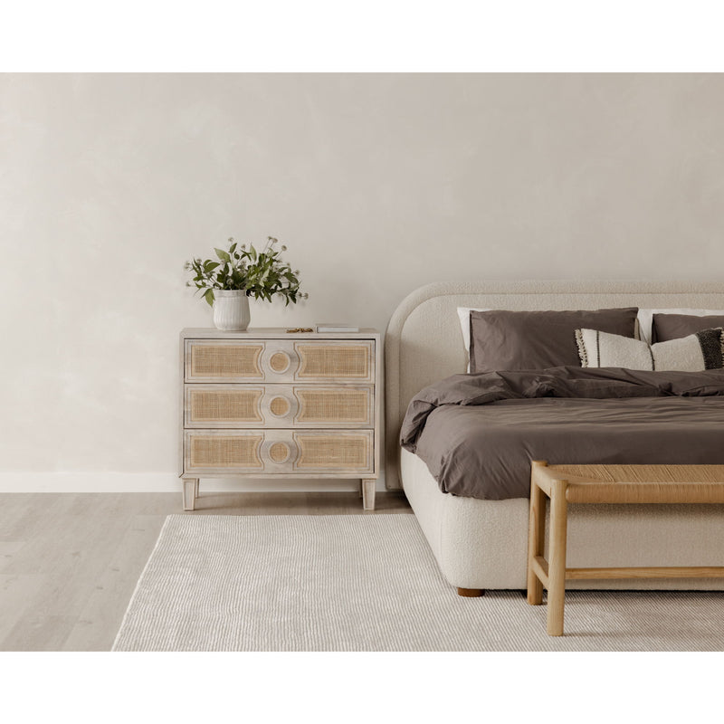 Oatmeal upholstered queen bed with tall headboard and low platform base