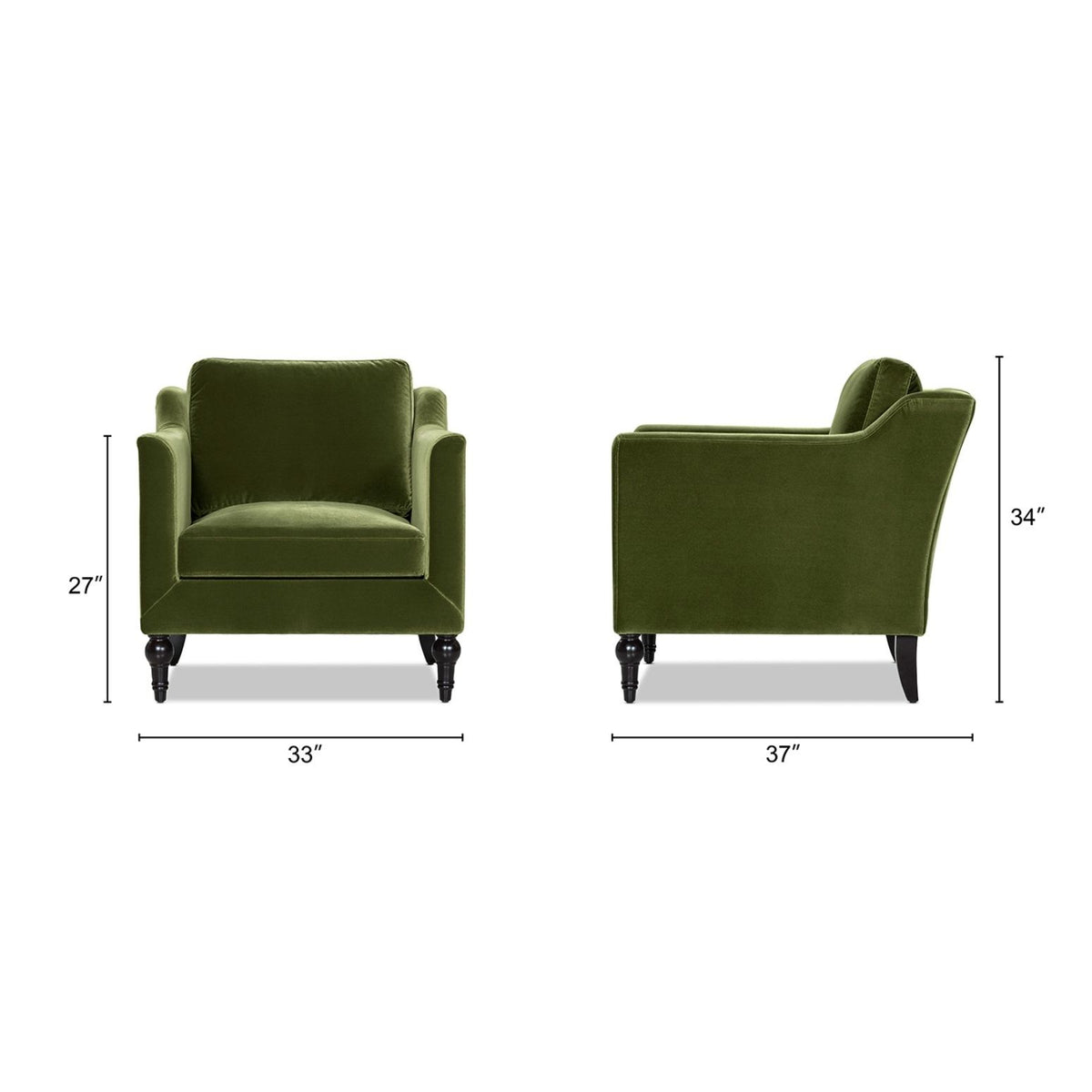 Green upholstered accent chair with square arms and cushioned seat, shown with dimensions