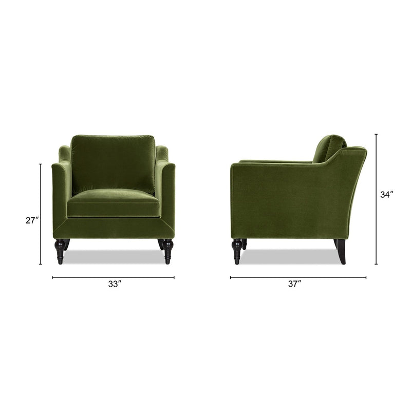 Green upholstered accent chair with square arms and cushioned seat, shown with dimensions