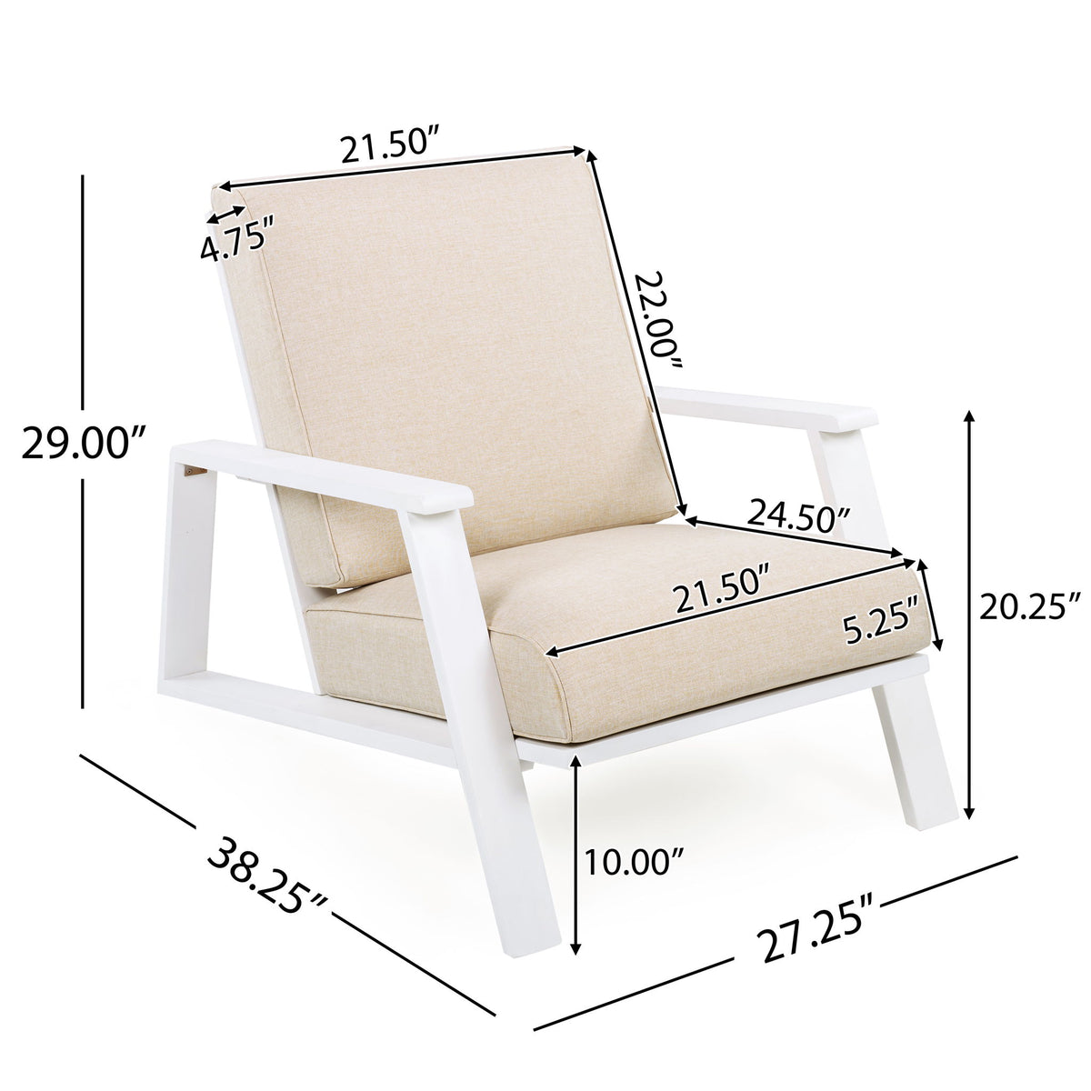 Outdoor lounge chair set of 2 size diagram with white frame and beige cushion