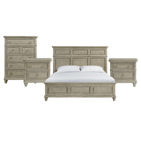 Whit-Ash panel bedroom set: light gray bed with two nightstands and dresser