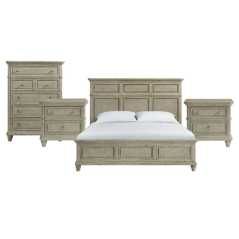 Whit-Ash panel bedroom set: light gray bed with two nightstands and dresser
