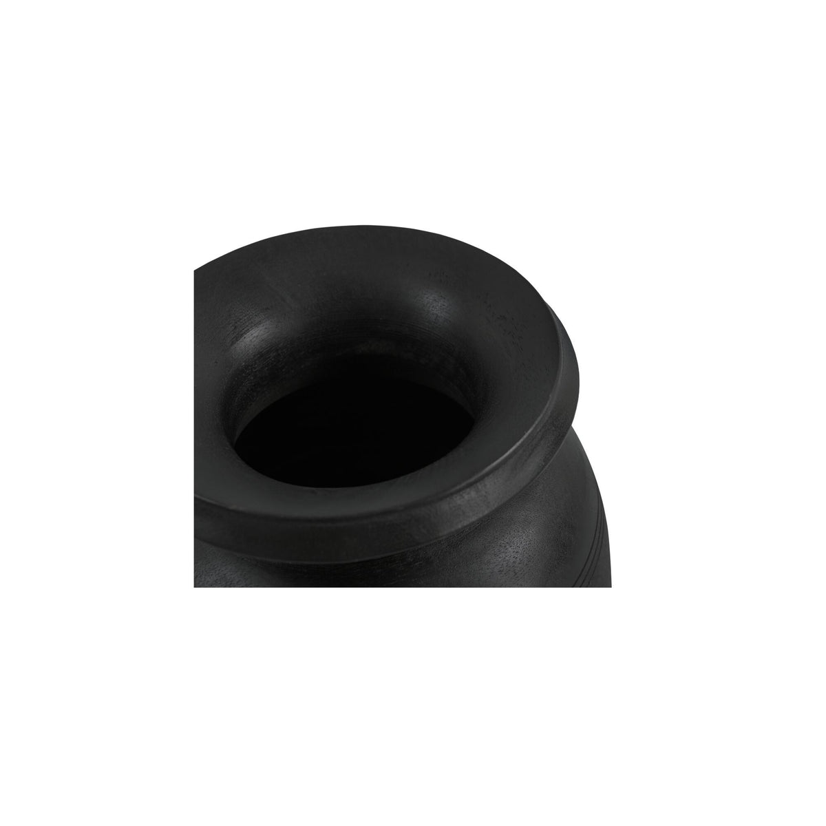 Black ceramic vessel top with central opening and rolled rim detail