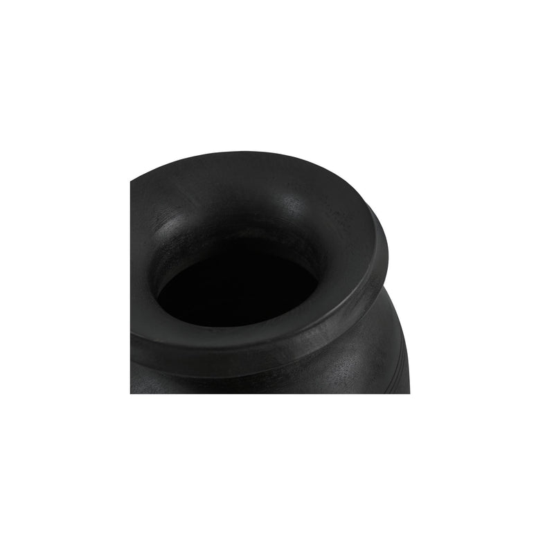 Black ceramic vessel top with central opening and rolled rim detail