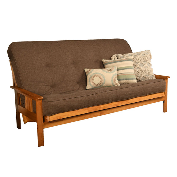 Queen-size futon frame sofa with dark brown fabric and tufted back, styled with pillows