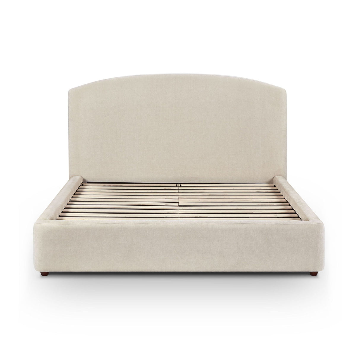 Light beige upholstered bed frame with slatted base and rounded curved headboard