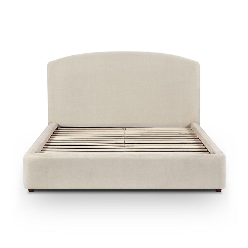 Light beige upholstered bed frame with slatted base and rounded curved headboard