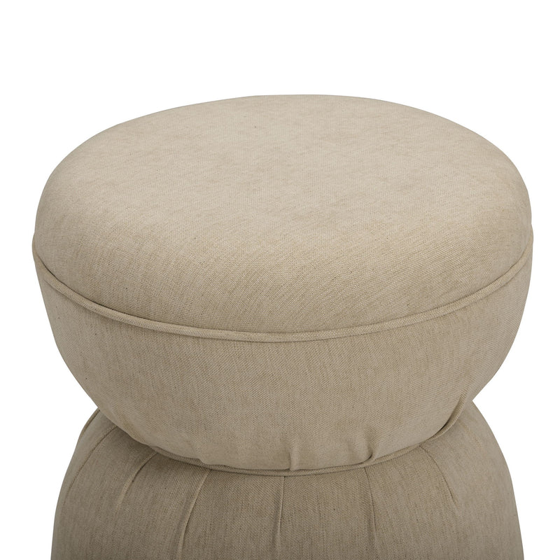 Beige ruched upholstered ottoman with round padded top and stacked base