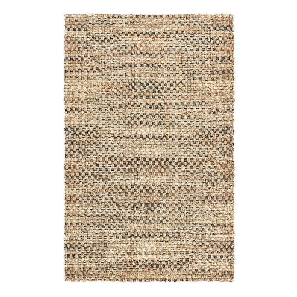 Light brown textured rug with bold horizontal stripe bands and dark flecks